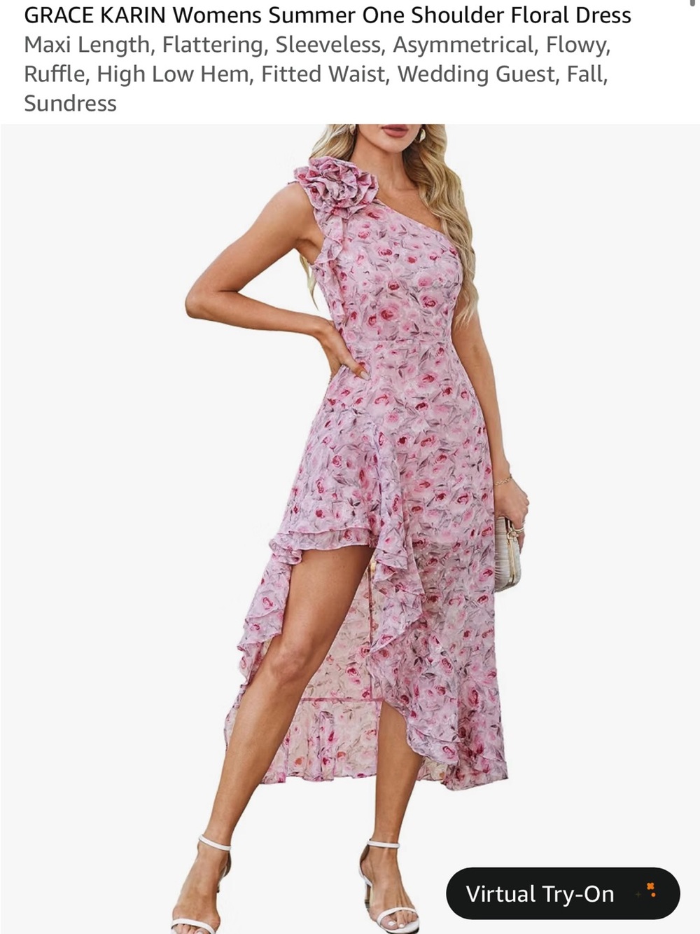 Grace Karin Pink Floral One-Shoulder Ruffle High-Low Dress